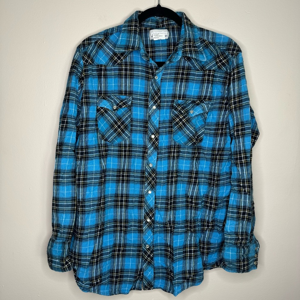Wrangler Wrancher Blue Pearl Snap Long Sleeve - size XL tall